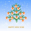 Christmas tree, red ball, snowflax, New Year on blue congratulation card for web, for print art design elements stock